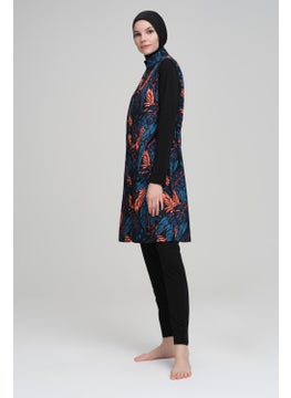 Nehar Orange Blue Leaf Patterned Black Vest 3 Piece Hijab Swimsuit Set 2208  - Image 3