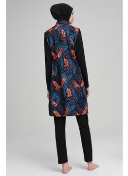 Nehar Orange Blue Leaf Patterned Black Vest 3 Piece Hijab Swimsuit Set 2208  - Image 4