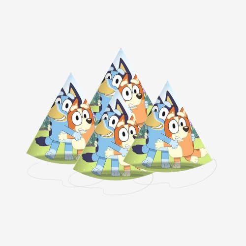 PrettyurParty PRETTY UR PARTY Blue Dog Theme Birthday Party Caps – Pack of 10 Colorful Bluey and Bingo Party Hats for Kids | Fun & Durable Cone Hats for kids' Birthday Celebrations - Image 1