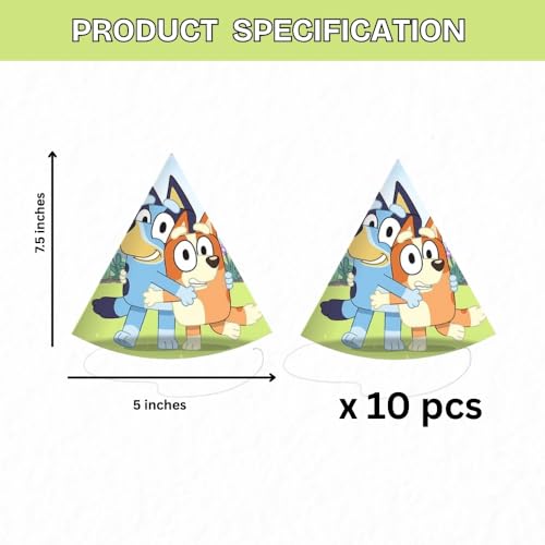 PrettyurParty PRETTY UR PARTY Blue Dog Theme Birthday Party Caps – Pack of 10 Colorful Bluey and Bingo Party Hats for Kids | Fun & Durable Cone Hats for kids' Birthday Celebrations - Image 2