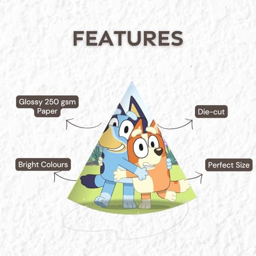 PrettyurParty PRETTY UR PARTY Blue Dog Theme Birthday Party Caps – Pack of 10 Colorful Bluey and Bingo Party Hats for Kids | Fun & Durable Cone Hats for kids' Birthday Celebrations - Image 3