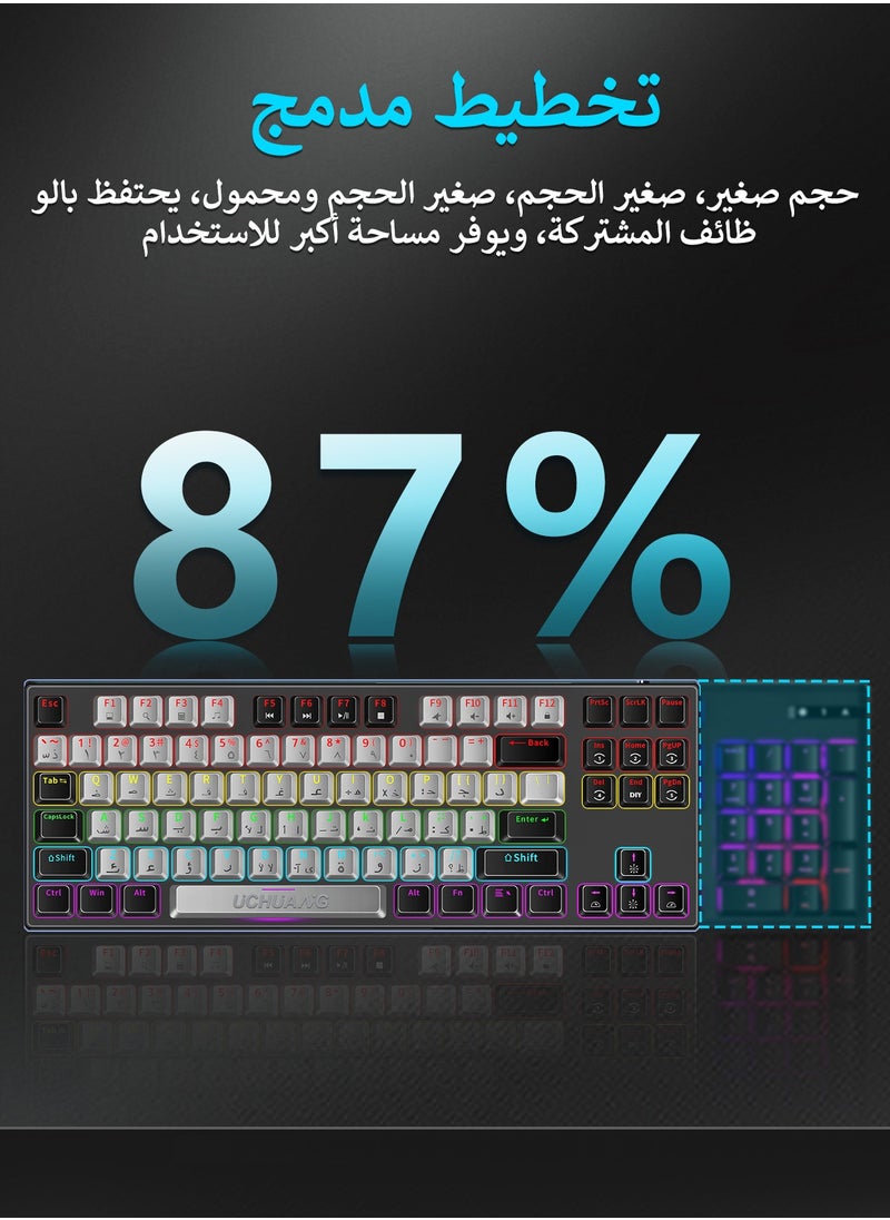 لوحة مفاتيح ميكانيكية للألعاب الميكانيكية باللغة الإنجليزية العربية مع إضاءة خلفية بألوان قوس قزح LED RGB، مفاتيح قابلة للاستبدال، لوحة مفاتيح USB سلكية 87 مفتاحًا لنظامي ويندوز/ماك أو إس/أندرويد - أبيض