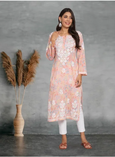 Alaya Hand Embroidered Chikan Printed Mulmul Straight Kurta-AL3680
