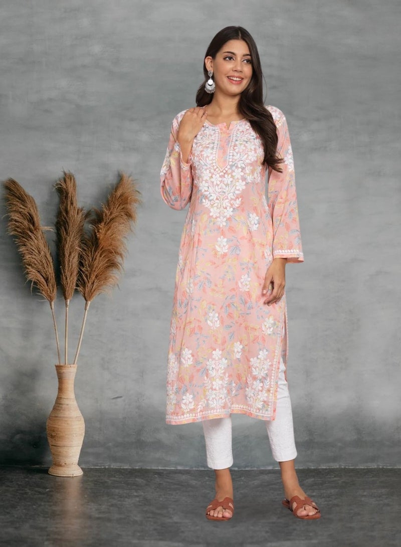 Alaya Hand Embroidered Chikan Printed Mulmul Straight Kurta-AL3680 - Image 1