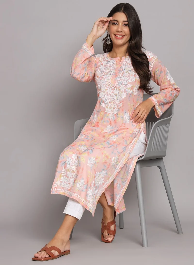 Alaya Hand Embroidered Chikan Printed Mulmul Straight Kurta-AL3680