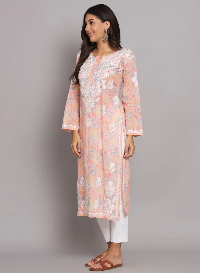 Alaya Hand Embroidered Chikan Printed Mulmul Straight Kurta-AL3680