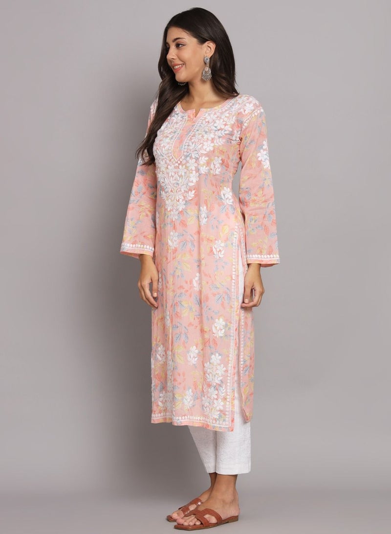 Alaya Hand Embroidered Chikan Printed Mulmul Straight Kurta-AL3680 - Image 4
