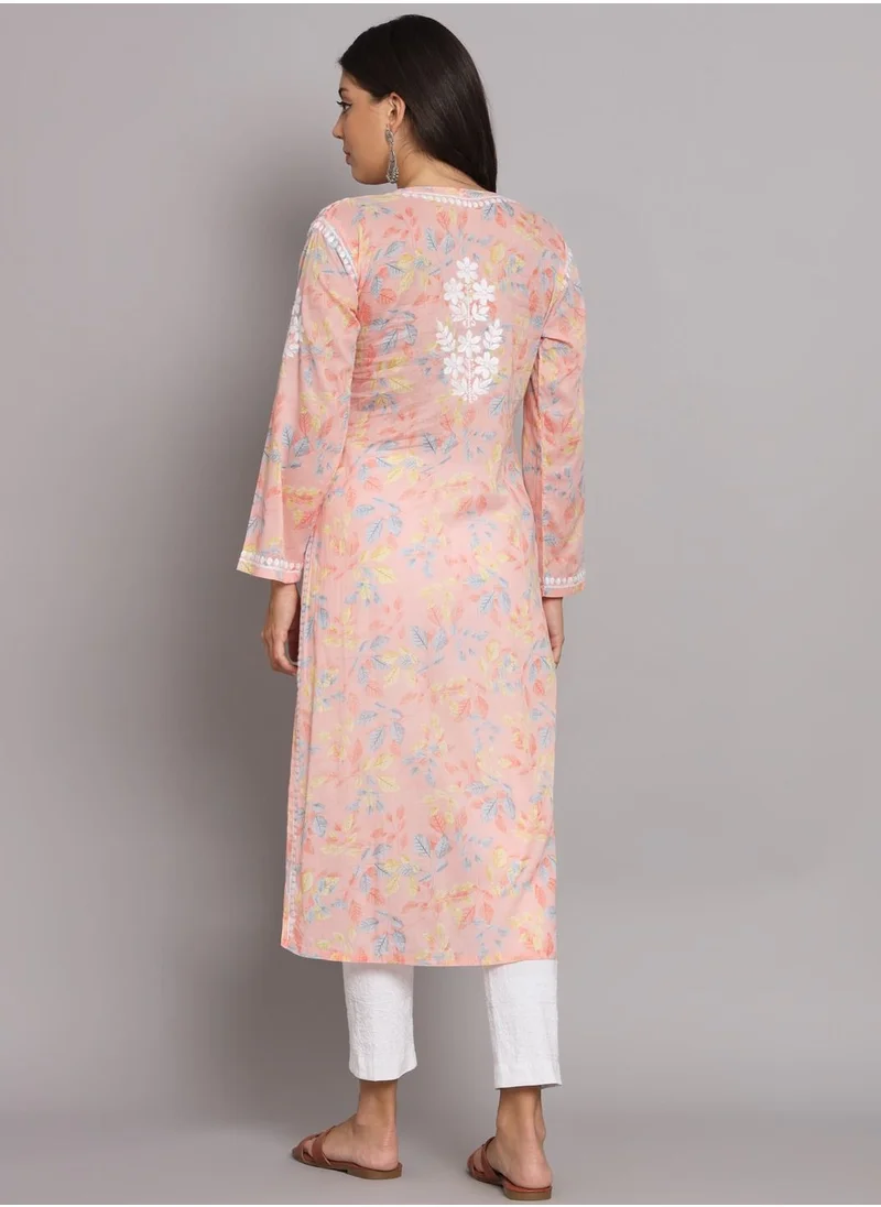 Alaya Hand Embroidered Chikan Printed Mulmul Straight Kurta-AL3680