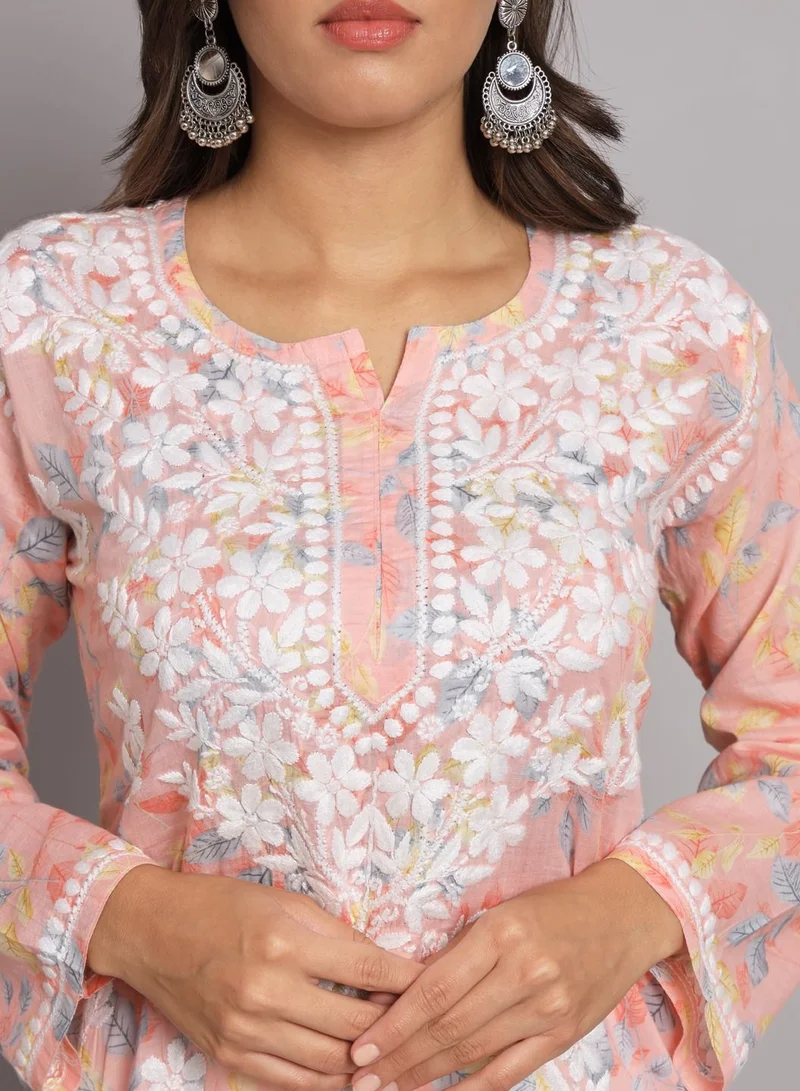 Alaya Hand Embroidered Chikan Printed Mulmul Straight Kurta-AL3680