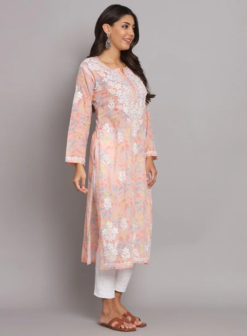 Alaya Hand Embroidered Chikan Printed Mulmul Straight Kurta-AL3680