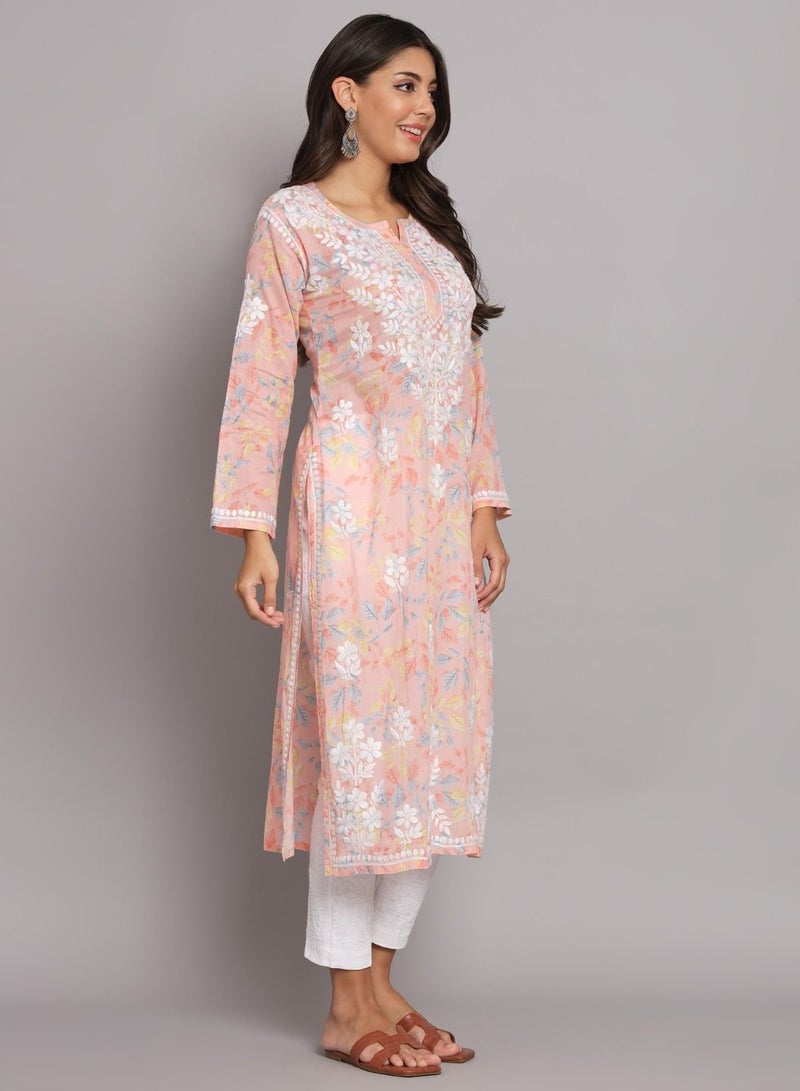 Alaya Hand Embroidered Chikan Printed Mulmul Straight Kurta-AL3680 - Image 3