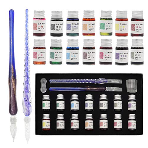 AXEARTE Glass Dip Calligraphy Pen Set, 18-Pieces 14 Color Inks, Pen Holder, Cleaning Cup, 2 Crystal Glass Pens for Art, Writing, Drawing, Signatures, Gift for Kids and Artist - Image 1