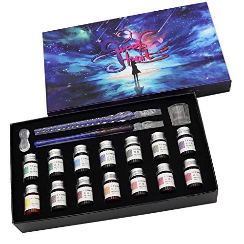 AXEARTE Glass Dip Calligraphy Pen Set, 18-Pieces 14 Color Inks, Pen Holder, Cleaning Cup, 2 Crystal Glass Pens for Art, Writing, Drawing, Signatures, Gift for Kids and Artist - Image 2