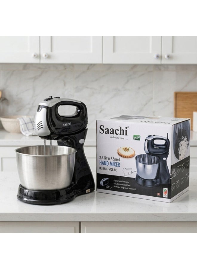 Saachi 2.5L Hand Mixer NL-HM-4157CB-BK, 5-Speed + Turbo, Rotating Stainless Steel Bowl, 250W Motor, Chrome Finish, Dough Hooks & Beaters, Whisk & Knead Function 2.5 L 250 W NL-HM-4157CB-BK Black/Silver - Image 2
