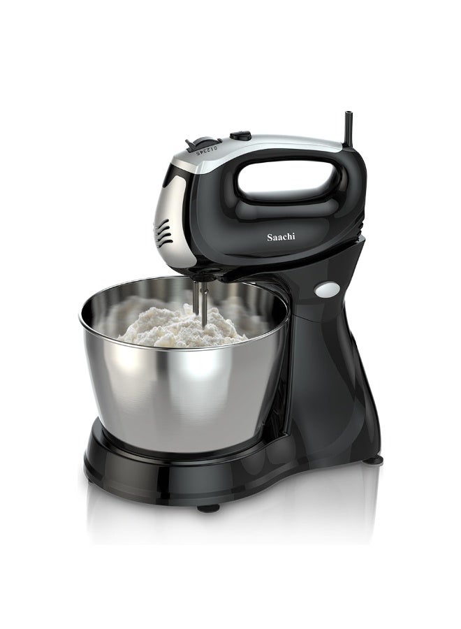 Saachi 2.5L Hand Mixer NL-HM-4157CB-BK, 5-Speed + Turbo, Rotating Stainless Steel Bowl, 250W Motor, Chrome Finish, Dough Hooks & Beaters, Whisk & Knead Function 2.5 L 250 W NL-HM-4157CB-BK Black/Silver - Image 1
