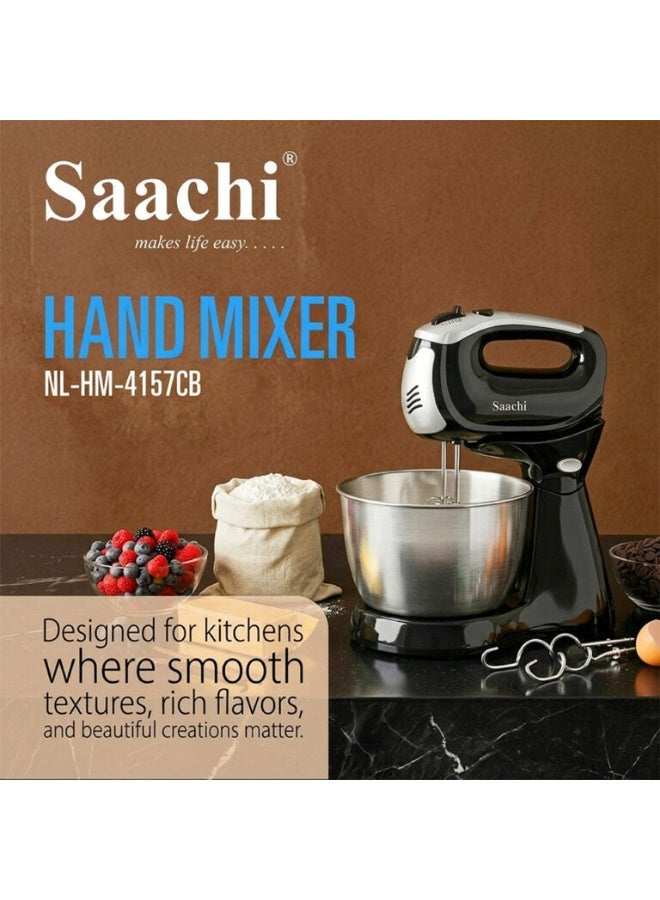 Saachi 2.5L Hand Mixer NL-HM-4157CB-BK, 5-Speed + Turbo, Rotating Stainless Steel Bowl, 250W Motor, Chrome Finish, Dough Hooks & Beaters, Whisk & Knead Function 2.5 L 250 W NL-HM-4157CB-BK Black/Silver - Image 5