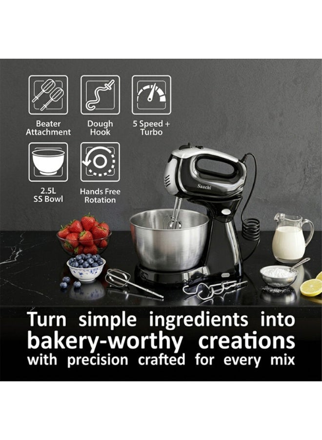 Saachi 2.5L Hand Mixer NL-HM-4157CB-BK, 5-Speed + Turbo, Rotating Stainless Steel Bowl, 250W Motor, Chrome Finish, Dough Hooks & Beaters, Whisk & Knead Function 2.5 L 250 W NL-HM-4157CB-BK Black/Silver - Image 3