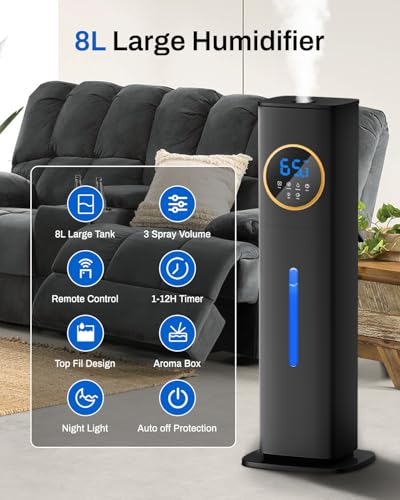 Lacidoll Humidifier Large Room Bedroom with Night Light, 2.1Gal(8L) Humidifiers for Home with Essential Oil Diffuser, Top Fill Whole House Cool Mist Humidifiers for Plants Baby Kids Adults(Black) - Image 3