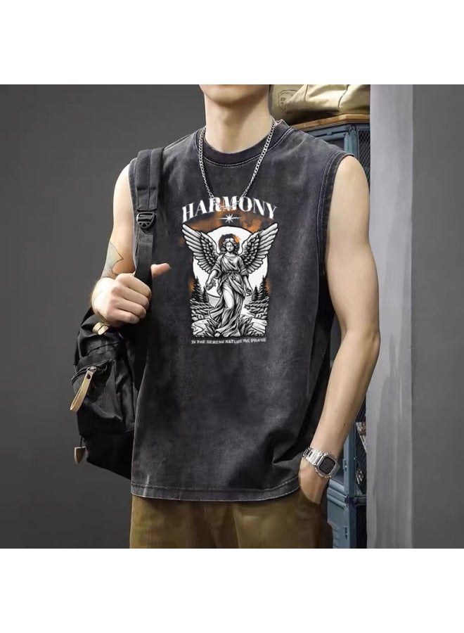 American High Street Retro Washed Distressed Sports Vest Trendy Brand Sleeveless T-shirt Loose Casual Fitness Short Sleeve