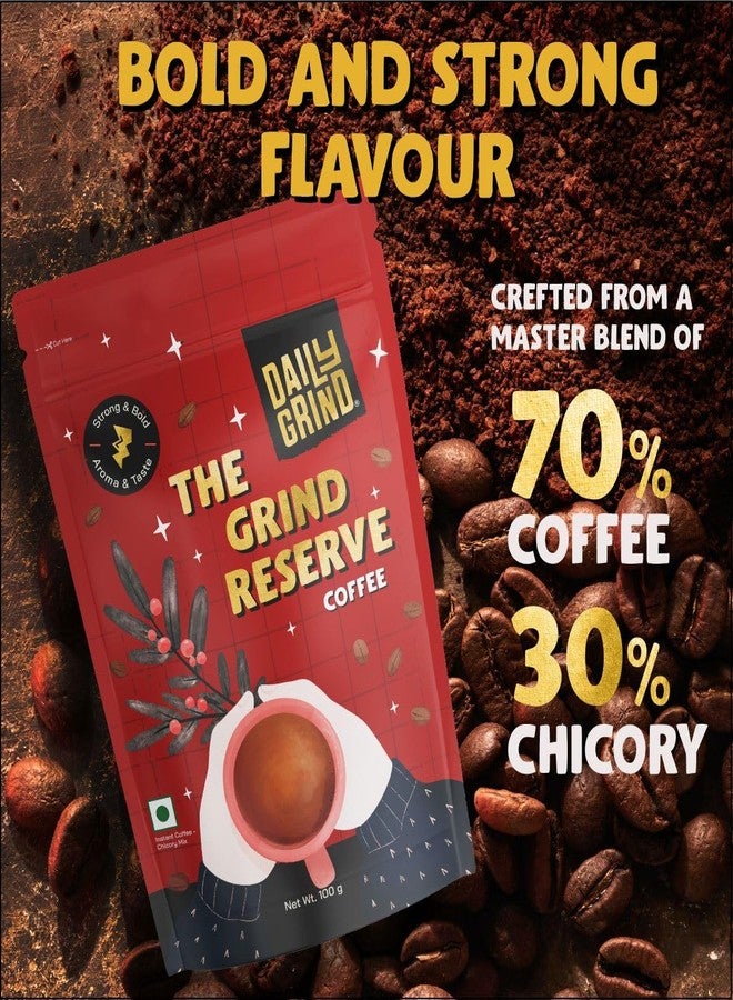 DAILYGRIND مسحوق قهوة ديلي غرايند ريزيرف سريعة التحضير 100 غرام | مزيج 70% قهوة و30% هندباء بنكهة قوية | تحميص متوسط | قهوة سريعة التحضير من ساوث بلند لتحضير اللاتيه، والموكا، والفرابيه، والقهوة الباردة - Image 2