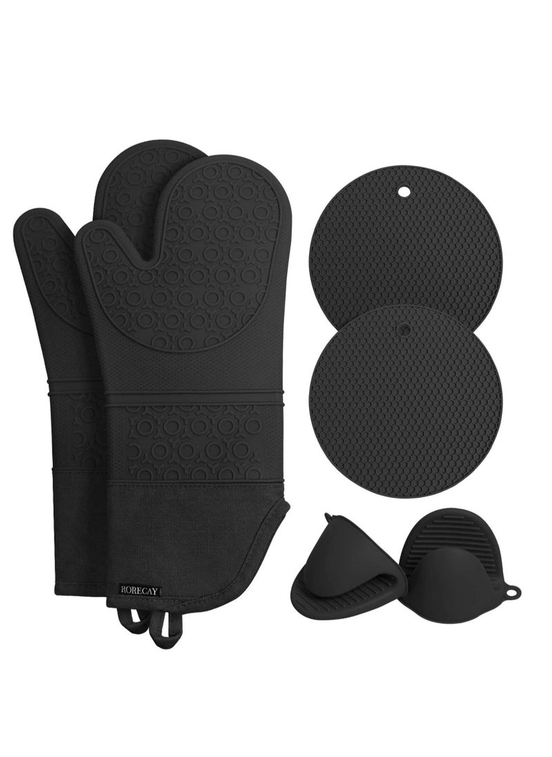 SYOSI Extra Long Oven Mitts and Pot Holders Sets: Heat Resistant Silicone Oven Mittens with Mini Oven Gloves and Hot Pads Potholders for Kitchen Baking Cooking, Quilted Liner, Black, Pack of 6  - Image 1