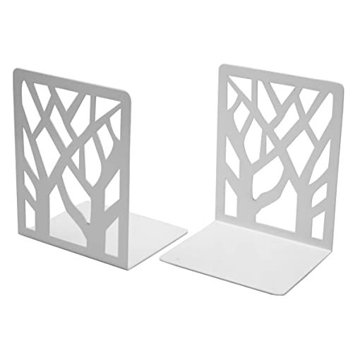 Spillbox Metal Non Slip Bookends Book Shelves | Shelf | Study Table | Home Decor | Holders | Case | Bracket | Stand | Heavy Duty | Set | Book Ends for Office, Home - Tree (White) - Image 1