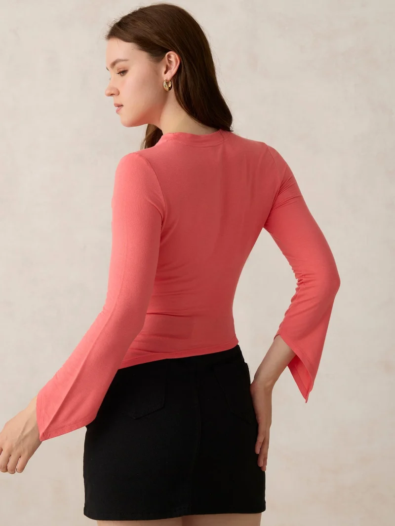 Outzidr  Pink Asymmetric Hem And Sleeves Top for Women | Best Price UAE