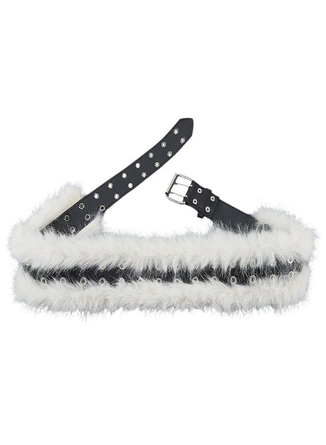 CALFOVERA 43.31 Inch Faux Fur Leather Waist Belt Y2K Furry Punk Grunge Wide Cinch Belts Vintage Adjustable Fur PU Leather Waistband for Women Dresses Pants Halloween Costume(White) - Image 1