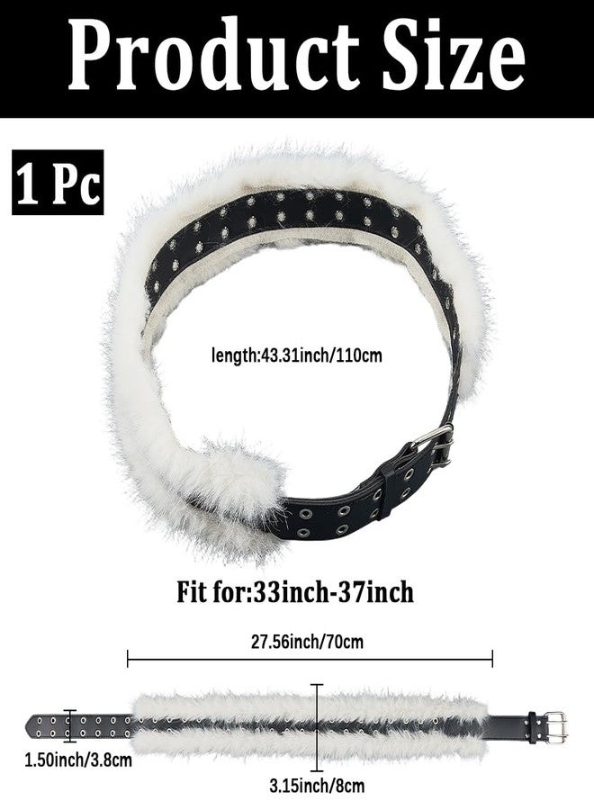 CALFOVERA 43.31 Inch Faux Fur Leather Waist Belt Y2K Furry Punk Grunge Wide Cinch Belts Vintage Adjustable Fur PU Leather Waistband for Women Dresses Pants Halloween Costume(White) - Image 2