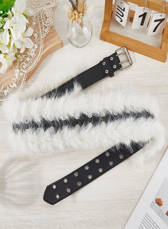 CALFOVERA 43.31 Inch Faux Fur Leather Waist Belt Y2K Furry Punk Grunge Wide Cinch Belts Vintage Adjustable Fur PU Leather Waistband for Women Dresses Pants Halloween Costume(White) - Image 4