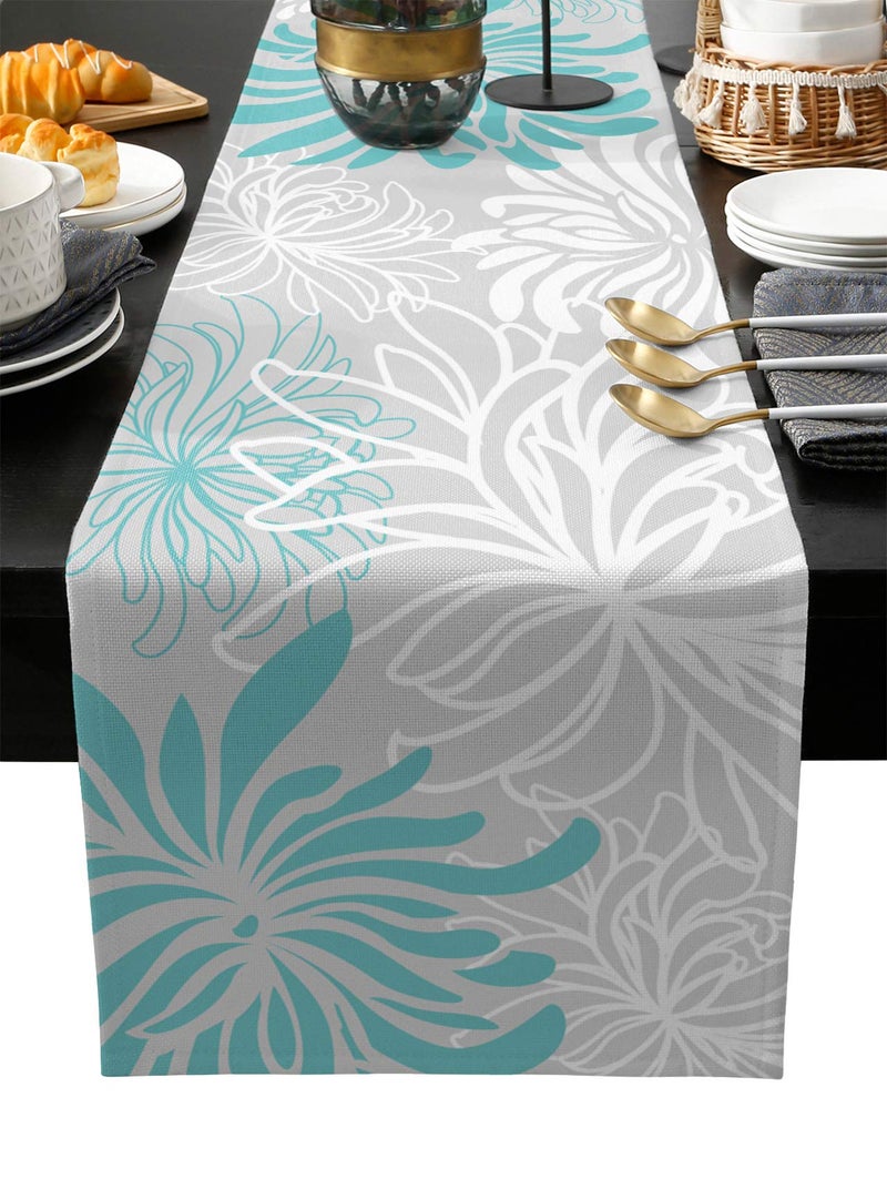 PIEPLE Aqua Chrysanthemum Flowers Table RunnerCotton LinenLong 13x72inches Dresser ScarvesFloral Grey Tablerunner for Kitchen CoffeeDiningEnd Table Bedroom Living RoomScarf Decor for Holiday