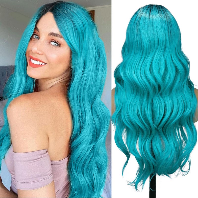 Fancy Hair Ombre Wig Bluish Light Blue Wigs Long Curly Wavy Hair Wigs 2 Tones Dark Roots Synthetic Teal Daily Party Cosplay Wigs for Women