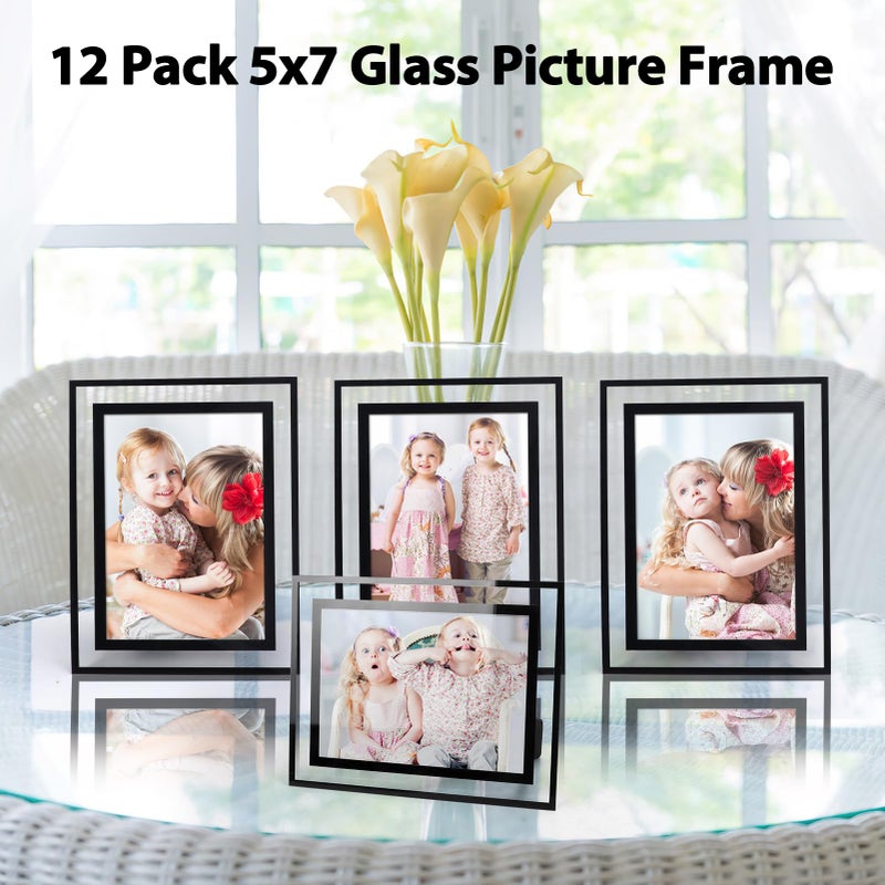 Serwrsw 5x7 Black Clear Picture Frame Bulk 12 Pack, Modern Glass Desk Frame Set for Office or Home Display Family or Wedding Photo - Image 3