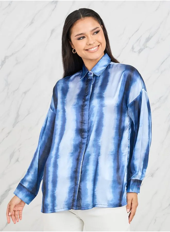 ستايلي Tie Dye Stripe Print Drop Shoulder Shirt