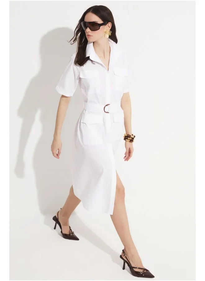 جون June Pocket Detailed Poplin Dress White