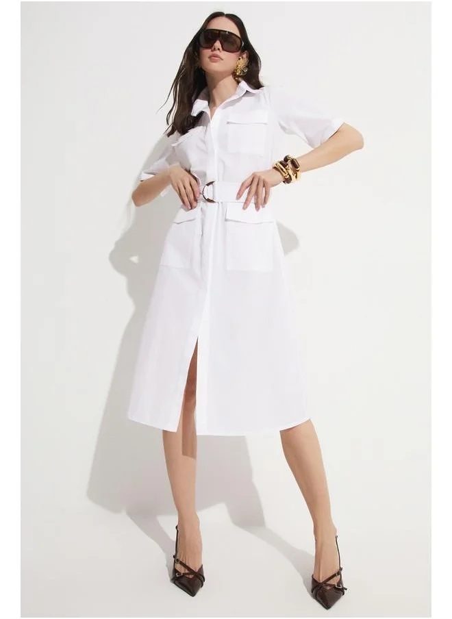 JUNE June Pocket Detailed Poplin Dress White