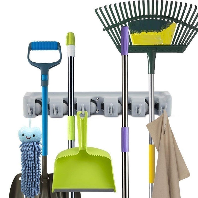 Multipurpose Wall Mounted Magic Mop and Broom Holder Organizer Storage 5 Slots with 6 Inbuilt Hanging Hooks for Kitchen Garden Mop Broom for Home Bathroom Well Stand PlasticColorGrey