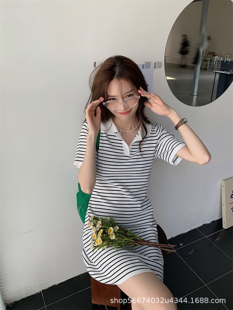 Summer New Polo Dress for Women Stripe A-Line Slim Fit Mini Blue Bar  - Image 2