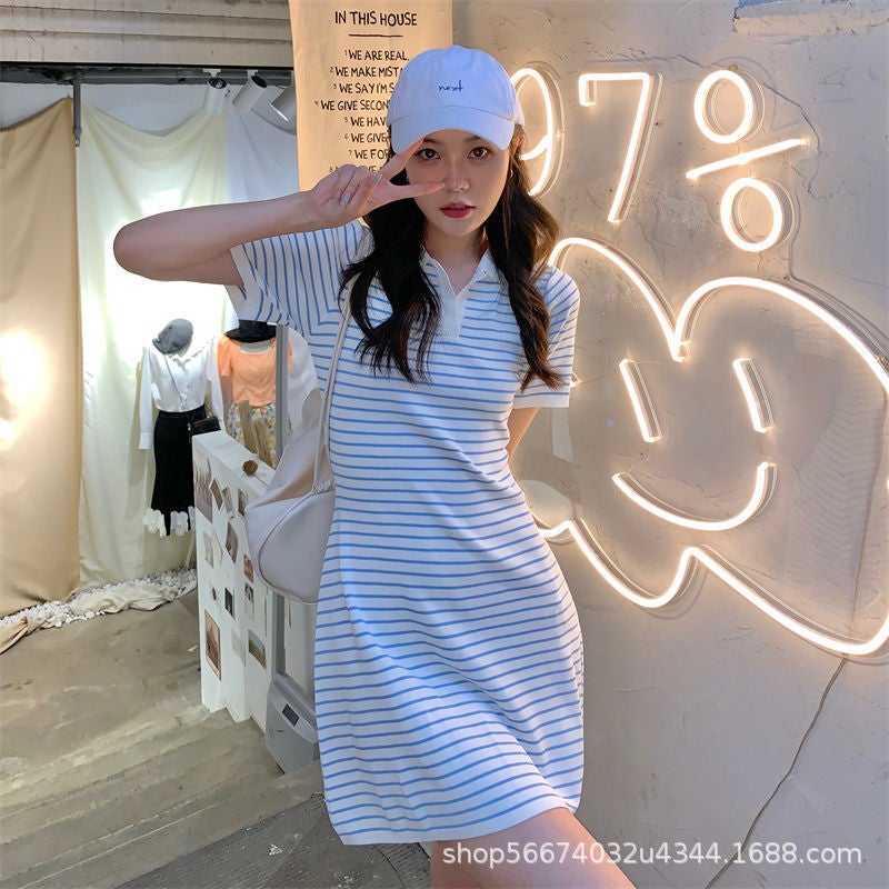 Summer New Polo Dress for Women Stripe A-Line Slim Fit Mini Blue Bar  - Image 1