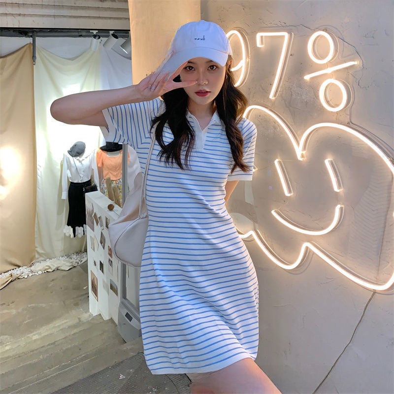Summer New Polo Dress for Women Stripe A-Line Slim Fit Mini Blue Bar  - Image 4