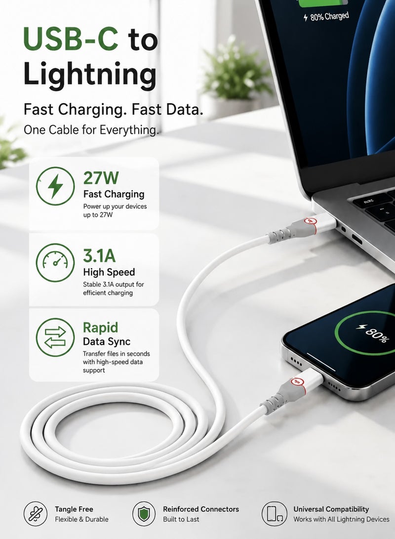 Vierex 27W USB-C to Lightning Fast Charging Data Cable, High-Speed Braided PD Power Sync Cord with Reinforced Strain Relief Connectors - Image 3