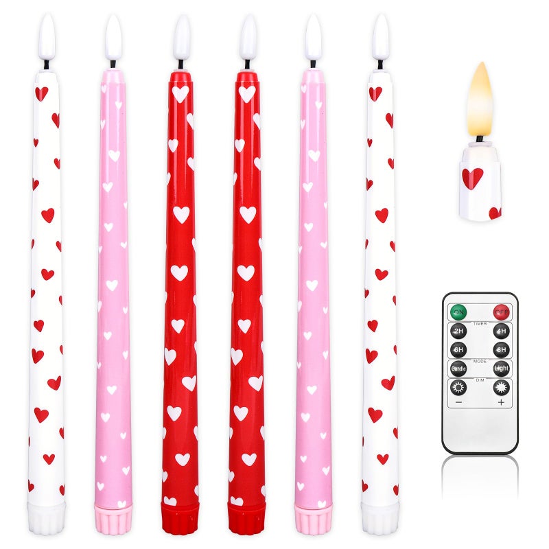 Whaline 6Pcs Valentine's Day LED Flameless Candles Pink Red White Heart Battery Operated Taper Candles with Remote for Wedding Anniversary Party Home Table Decor - Image 1