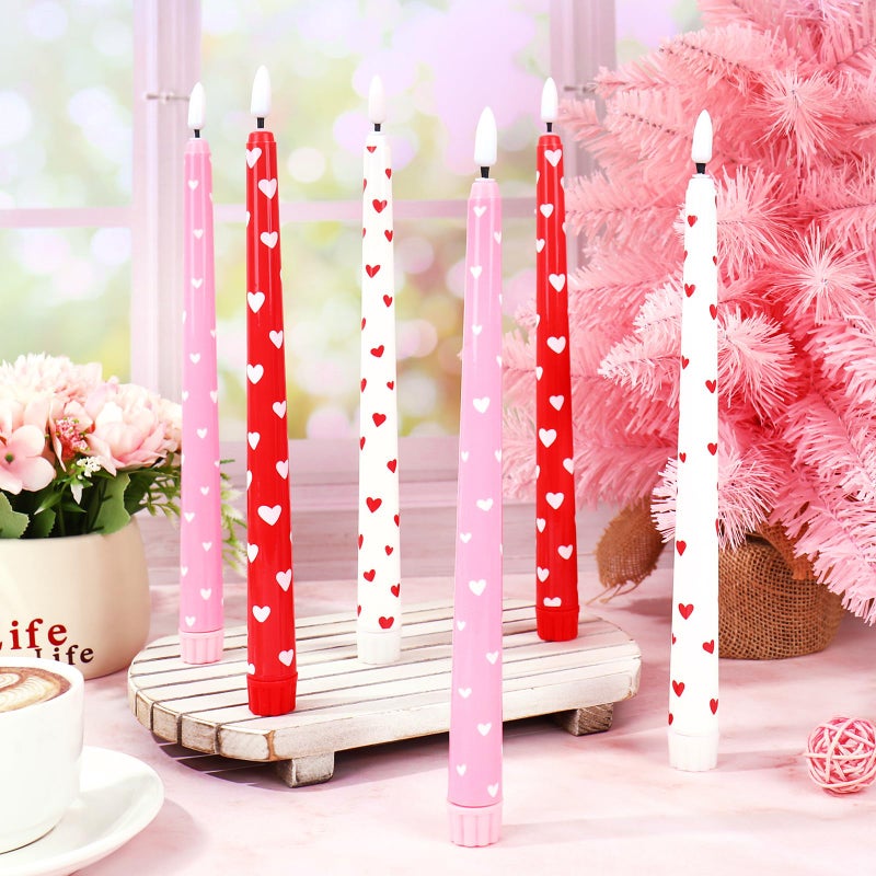 Whaline 6Pcs Valentine's Day LED Flameless Candles Pink Red White Heart Battery Operated Taper Candles with Remote for Wedding Anniversary Party Home Table Decor - Image 4