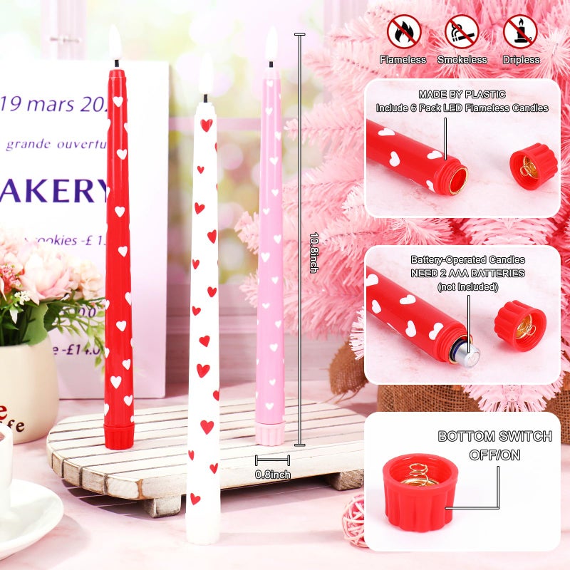Whaline 6Pcs Valentine's Day LED Flameless Candles Pink Red White Heart Battery Operated Taper Candles with Remote for Wedding Anniversary Party Home Table Decor - Image 2
