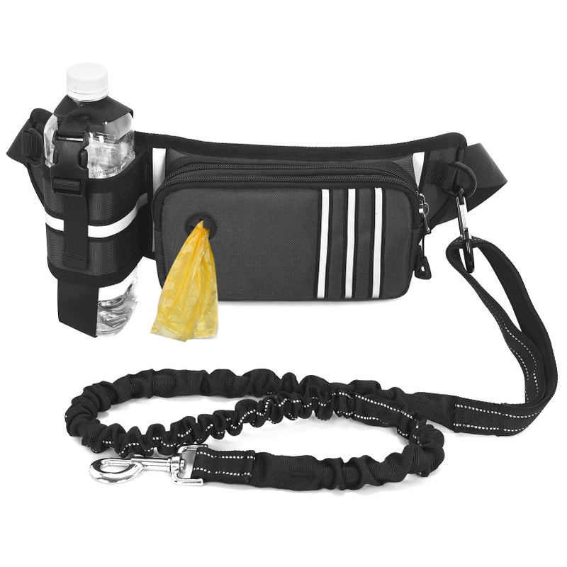 Grey Waist Pouch: Retractable Shock-Absorbing Dog Leash - Reflective Strap For Hands-Free Dog Walking, Pet Waste Bag Dispenser, Cellphone Storage For Outdoor Night Use - Image 1