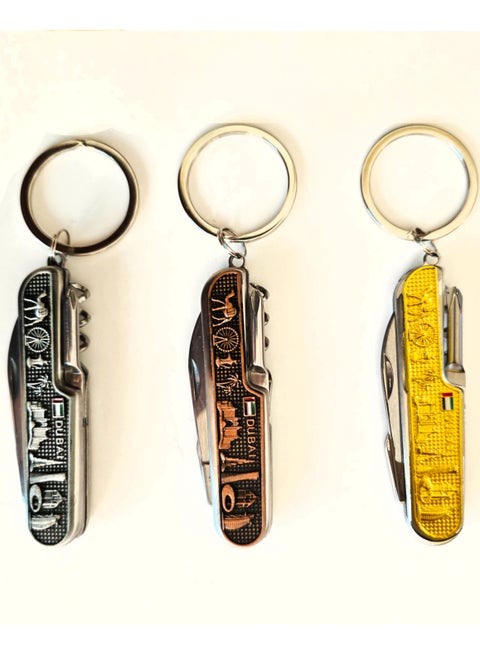 Metal Keychain 3pcs, Beautiful Dubai Skyline with multipurpose use, one design in three colors. Good for camping, outdoors & Travel