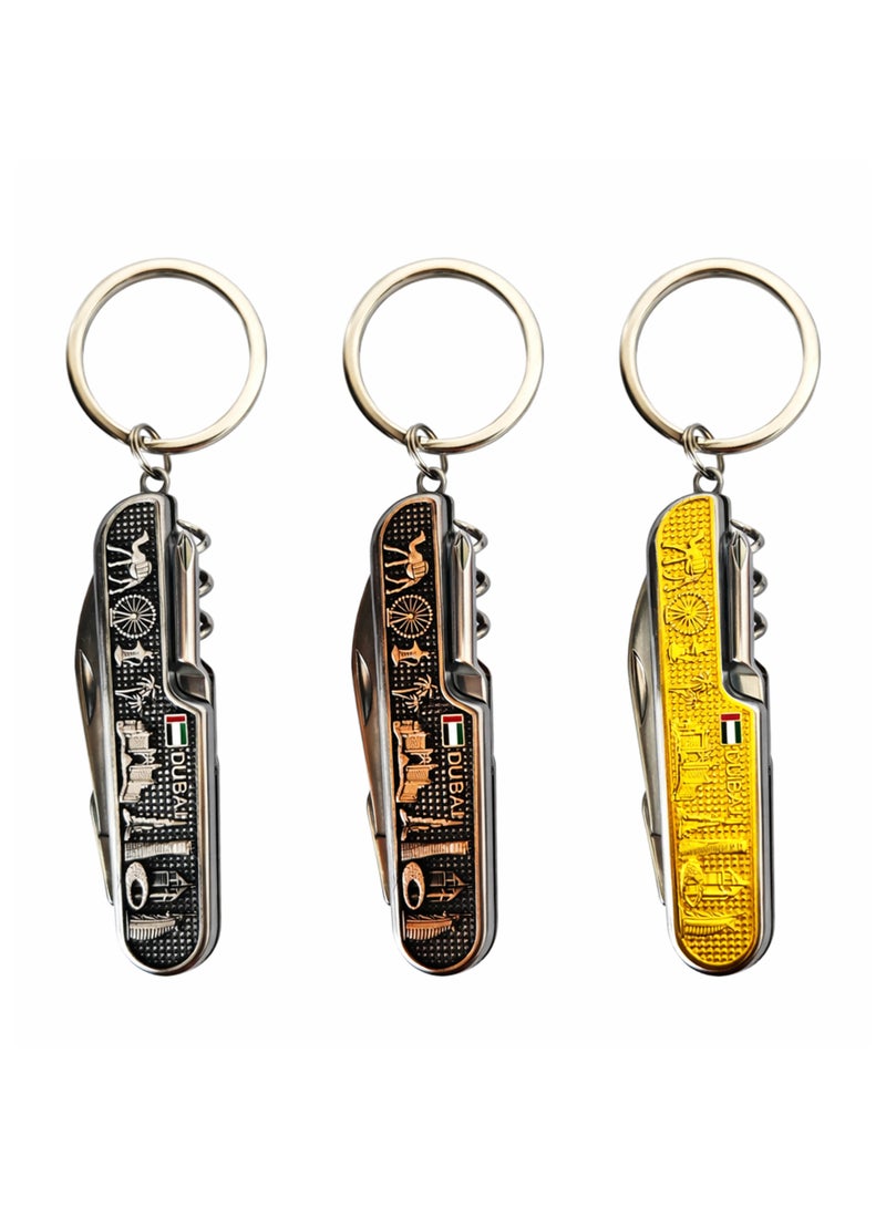 Souvenir Souq Metal Keychain 3pcs, Beautiful Dubai Skyline with multipurpose use, one design in three colors. Good for camping, outdoors & Travel - Image 1