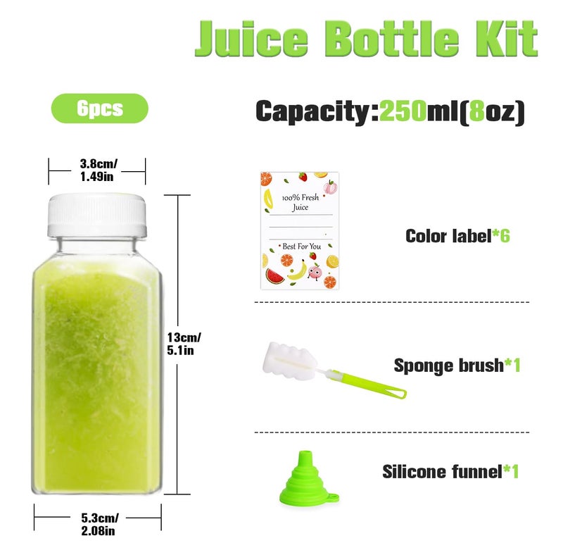 ztarraum 6PCS 8oz Reusable Plastic Juice Bottles with White Tamper Proof Lids, Brush, Funnel & Labels - Clear Juice Containers for Juicing, Smoothies & Homemade Beverages - Image 2