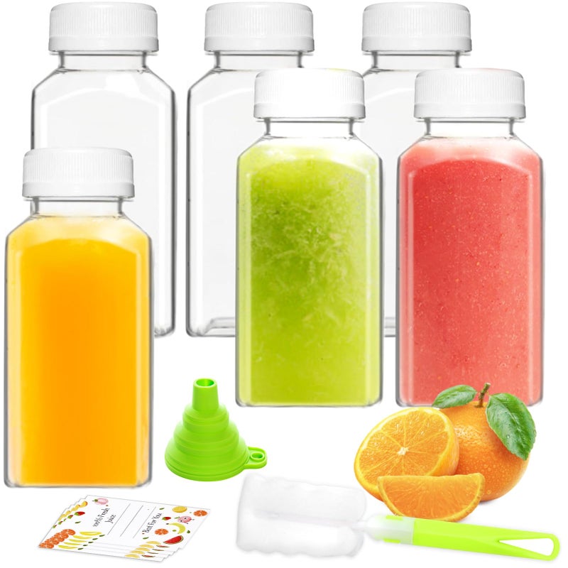 ztarraum 6PCS 8oz Reusable Plastic Juice Bottles with White Tamper Proof Lids, Brush, Funnel & Labels - Clear Juice Containers for Juicing, Smoothies & Homemade Beverages - Image 1
