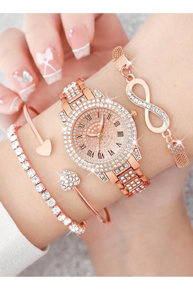 Women's accessory set consisting of 4 pieces, includes a watch and 3 rose gold bracelets. The set is adorned with sparkling rhinestones, making it a perfect gift for graduations, birthdays, Valentine's Day, engagements, and all special occasions  - Image 1
